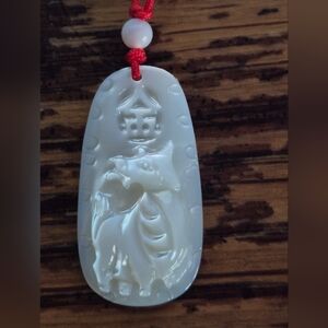 Cream White Carved Pendant with Red Cord Asian Made